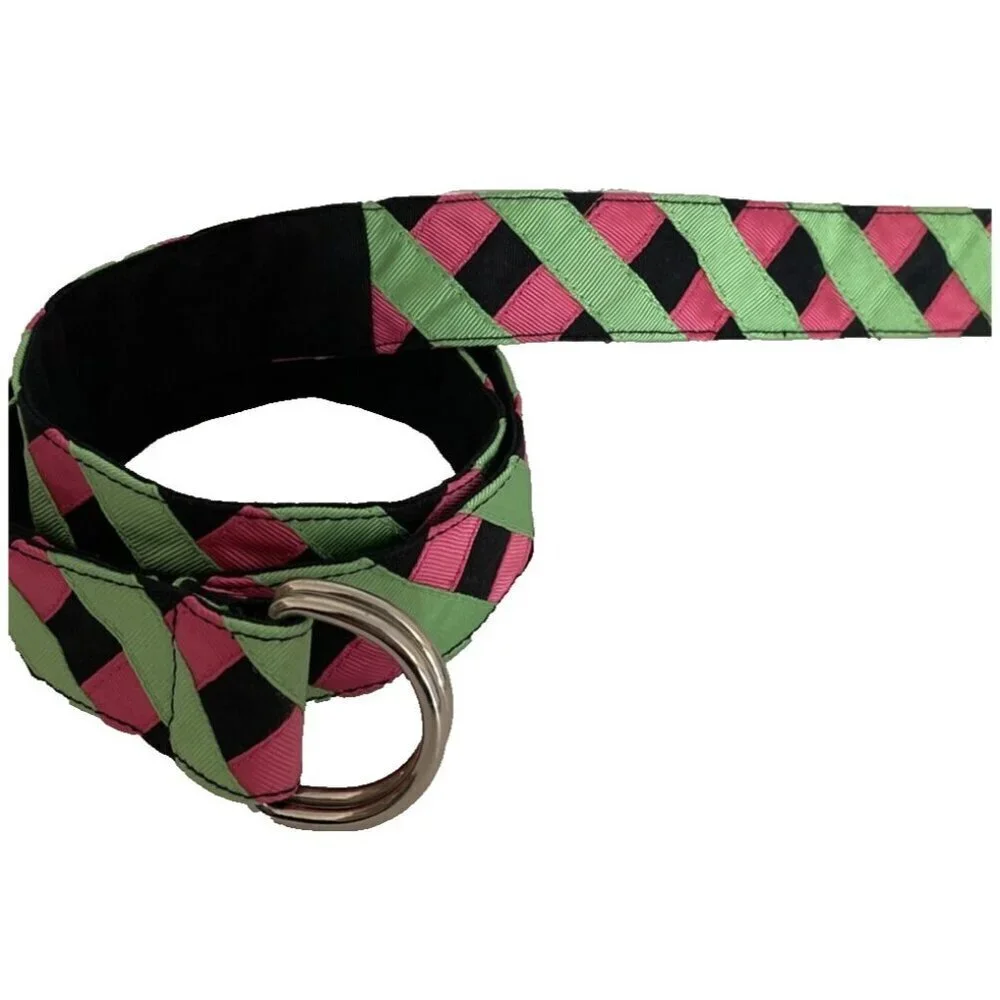 Vintage 80s Womens Grosgrain Ribbon Belt Criss Cross Double D-Rings Colorful NEW